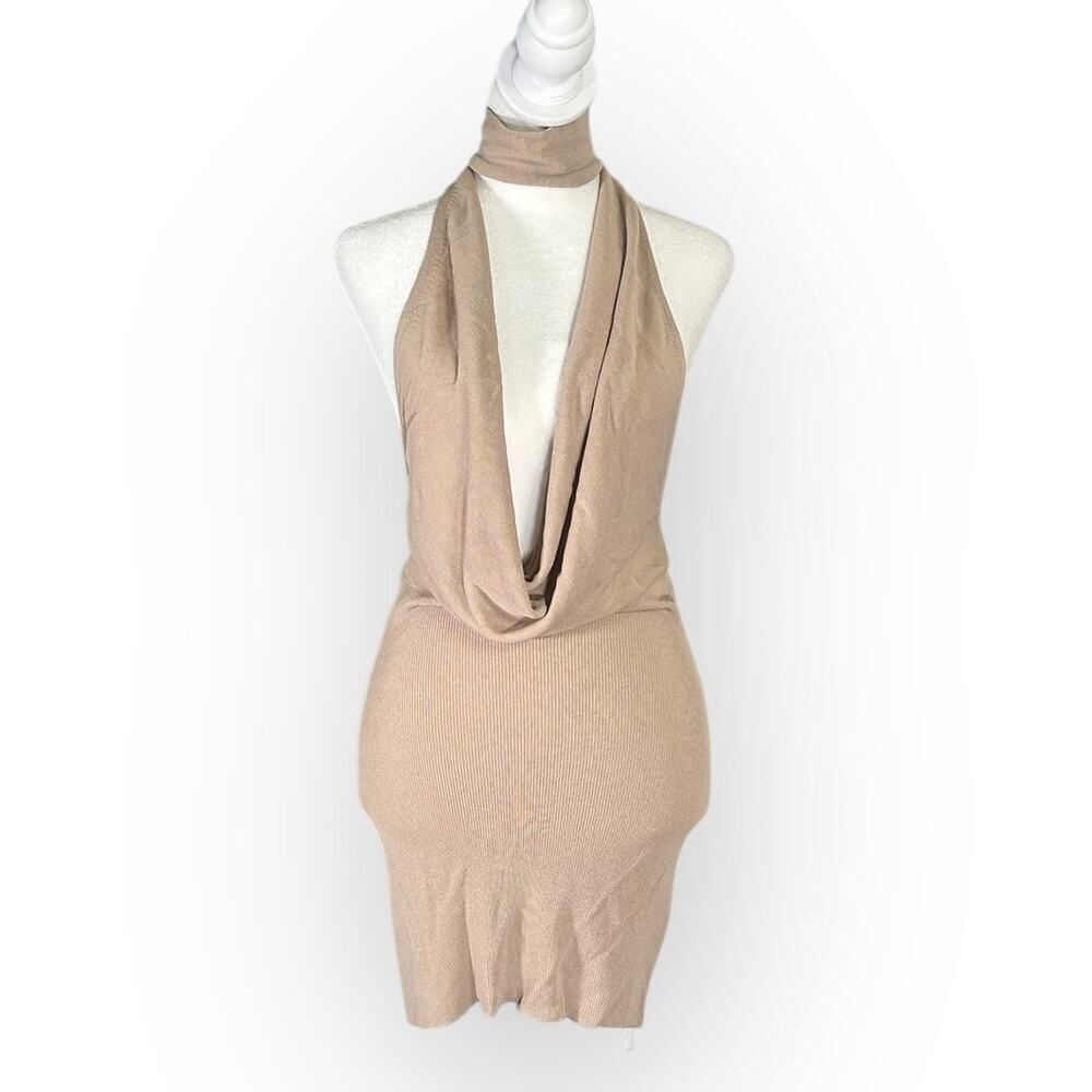 Aya Muse Tipo Mini Dress Women's Small Beige Cowl Neck Open Back Halter $650